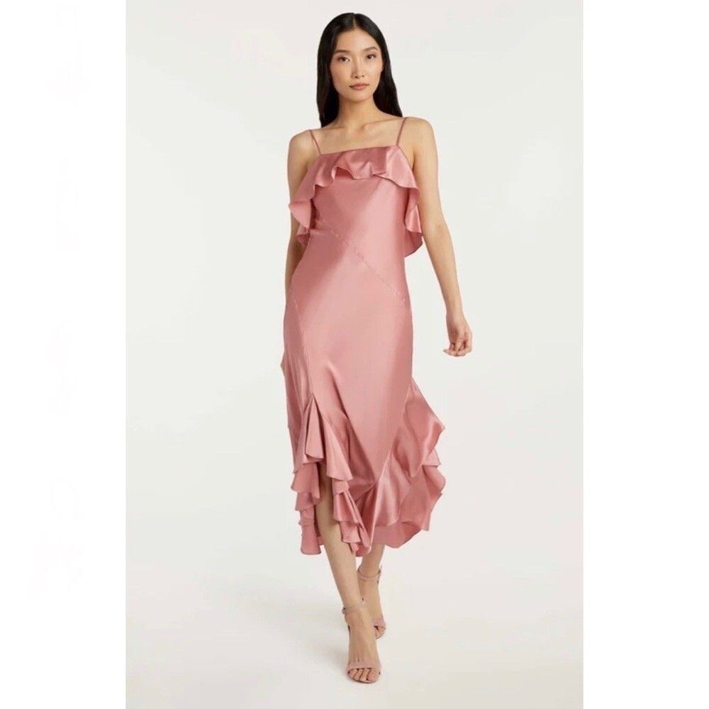 Cinq A Sept Women’s Elly Charmeuse Ruffle Midi Dress Sleeveless Pink Silk Size 0 - Picture 2 of 11